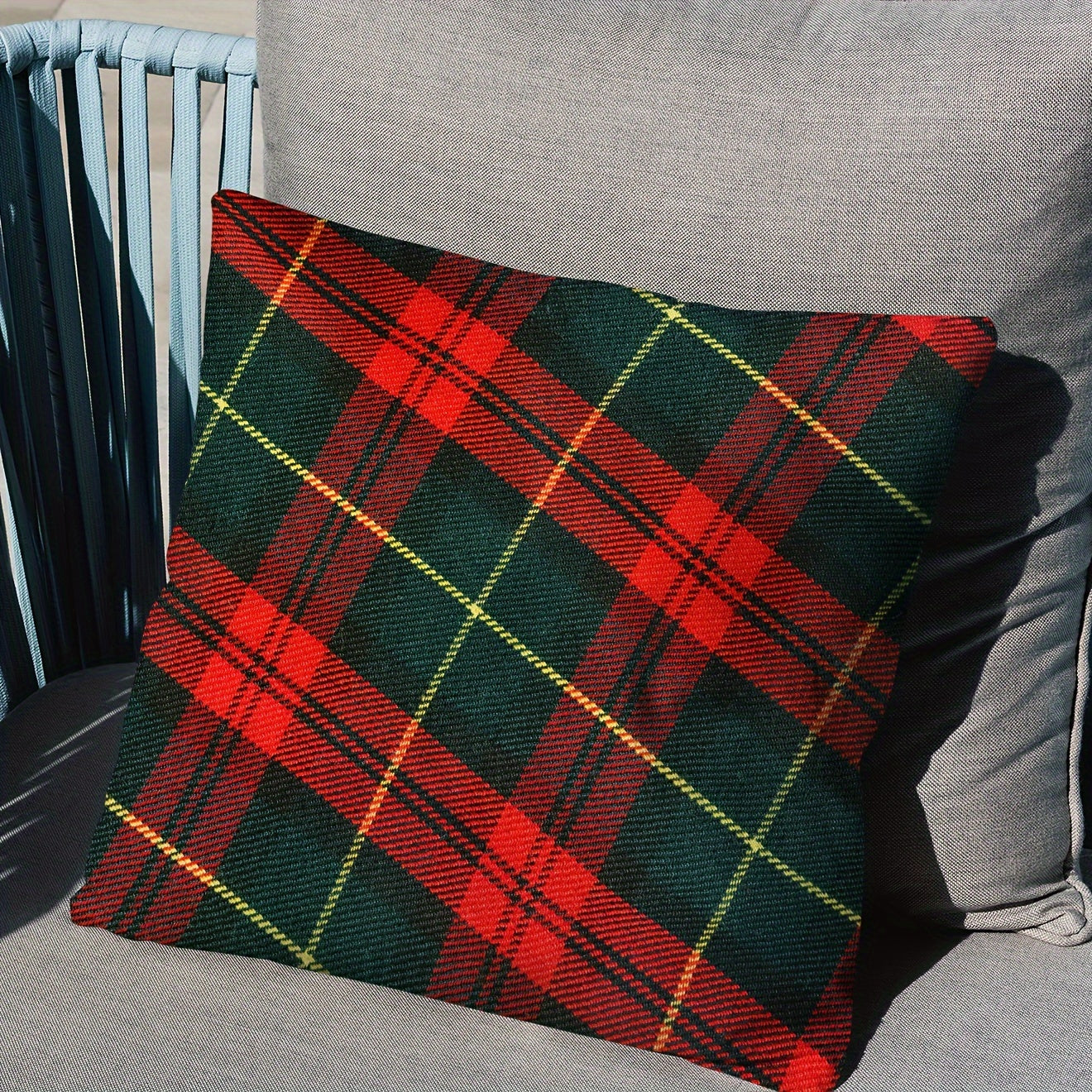 Red & green plaid pillowcase with classic Christmas design, polyester linen blend, zip closure. Ideal for home & party decor. Pillow insert not included.