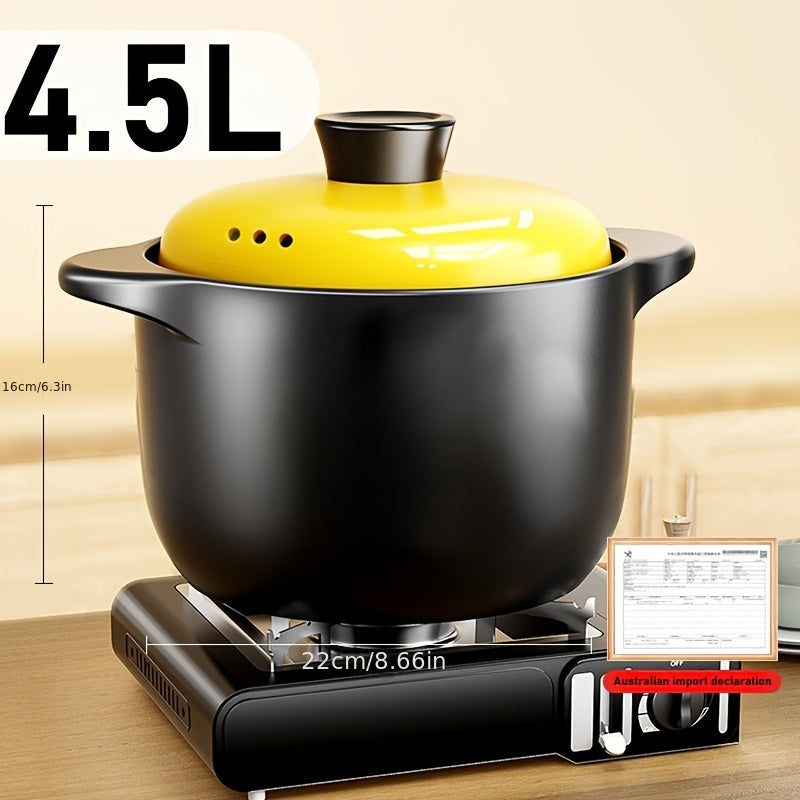 A versatile 5-liter black ceramic stockpot featuring a vibrant yellow lid - perfect for preparing stews, soups, and pot roasts at high temperatures. This multi-functional, heat-resistant, non-stick stockpot is suitable for use on open fires and electric