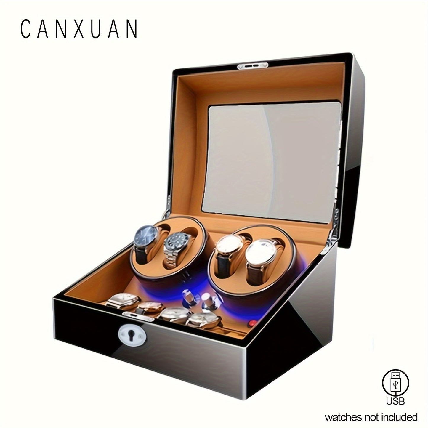 1 pc CANXUAN automatic watch winder box with 4+6 slots, quiet motors, key lock, LED light, soft pillow, faux leather, USB-powered, suitable for men's and women's watches, battery not