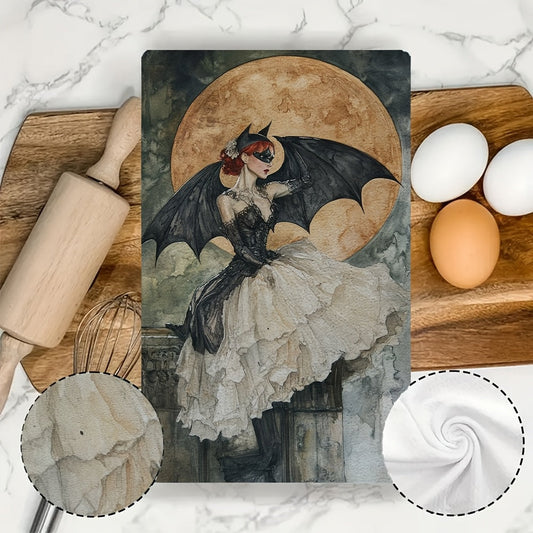 Two pieces of kitchen towels inspired by Albert Joseph Penot featuring a Bat Woman design. These ultra soft and highly absorbent polyester dish hand towels measure 40.64x60.96 cm and boast a gothic elegance design. They are machine washable and perfect