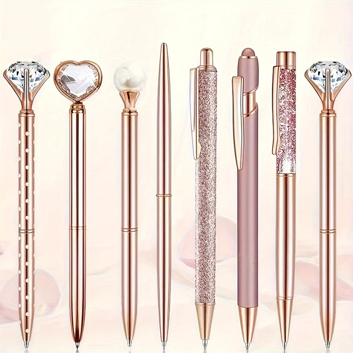 Metal Crystal Diamond Ballpoint Pens Set, includes 3-8 pieces with black and blue ink. Pretty and fancy pens for women, perfect for journaling or office use.