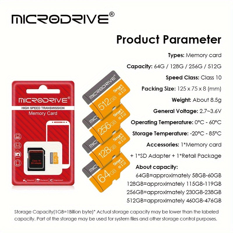 High speed Orange-gray Micro mini TF SD Card available in various sizes (4GB, 8GB, 16GB, 32GB, 64GB, 128GB, 256GB) with Class 10 TF U3 compatibility and SD adapter included.