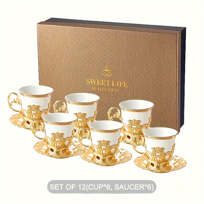 Golden 2.8oz Ceramic Tea Set with Gift Box, including Sakura Train Set, Turkish Arabic Coffee Cups, Espresso Cups with Saucer Plates and Spoons.