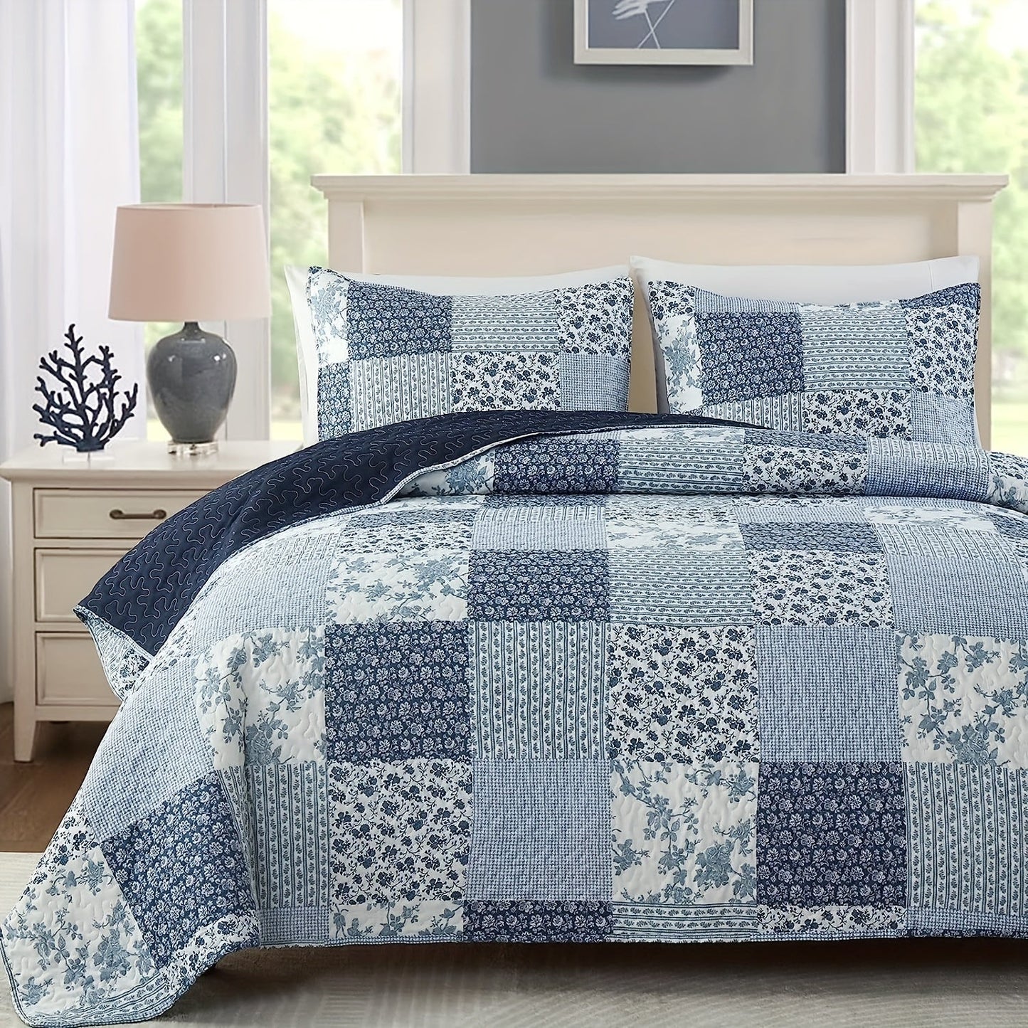 Experience the softness and breathability of our Floral Print 3pcs Bedspread Set - Featuring 1 Ultra-Light Double Bedspread and 2 Pillowcases. This reversible polyester design is perfect for adding comfort and style to your bedroom or dorm decor.