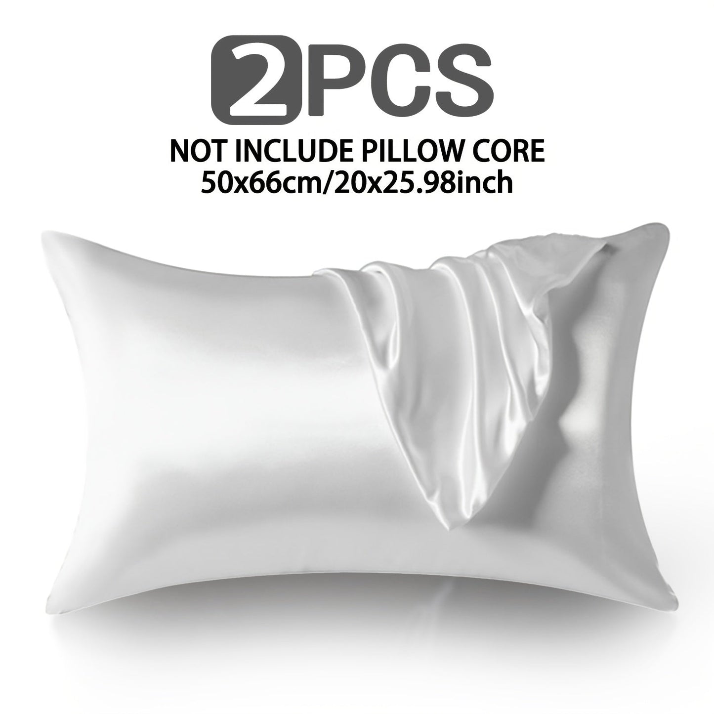 Two pieces of luxurious satin pillow covers measuring 50.8x66.04cm. These covers are silky soft, breathable, and skin-friendly with an envelope closure. They are machine washable and come in assorted colors (inserts not included).