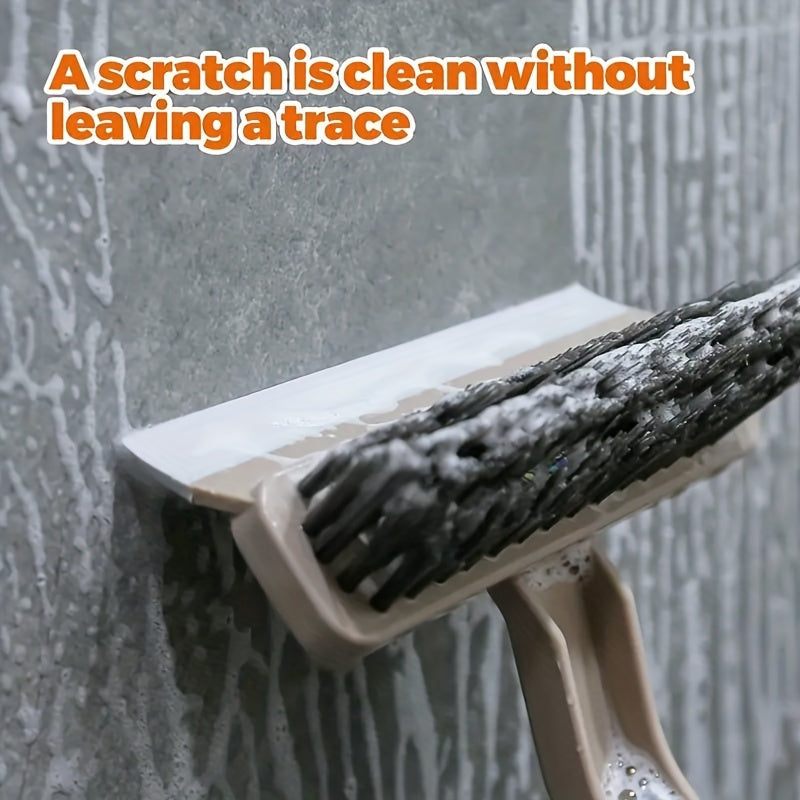 Multifunctional rotating gap brush suitable for 360° ceramic tile cleaning. This 4-in-1 bathroom floor scraper features a reusable plastic handle and is perfect for use in the living room, bedroom, bathroom, and kitchen. No power required for operation.