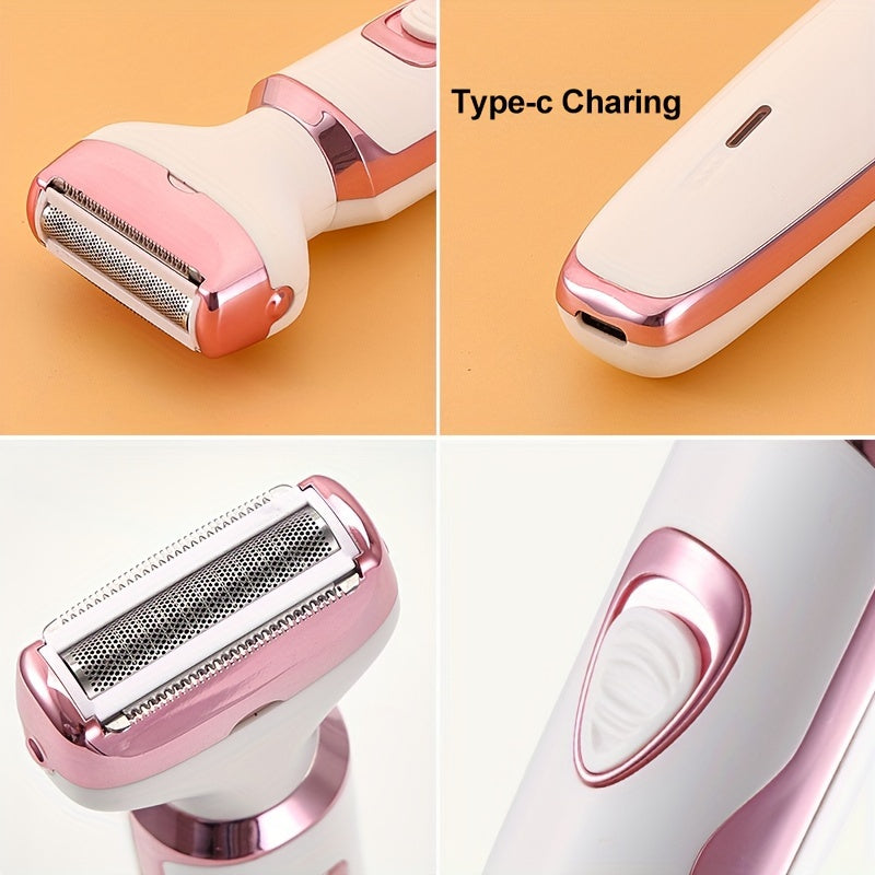 Women's electric razor kit with 4 functions: face, nose, legs, and bikini area shaving. USB rechargeable, painless design, suitable for wet/dry use. Portable with 500mAh lithium battery.