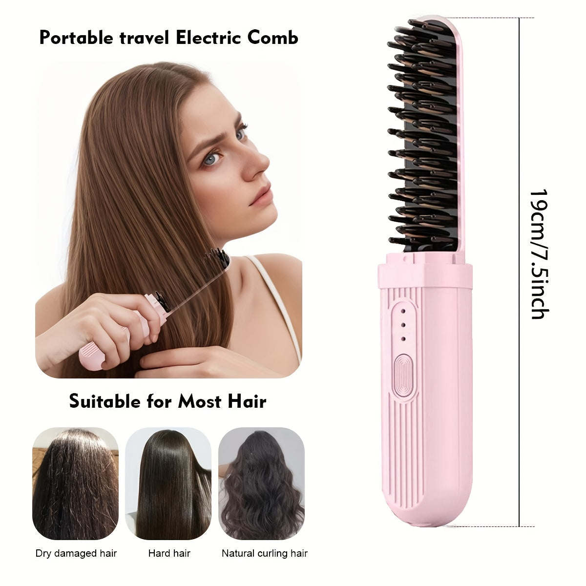 Portable hair straightener and curler with USB rechargeable thermal ion comb, anti-scalding feature, 2000mAh lithium battery, USB-C charging. Travel-friendly and perfect gift for women.