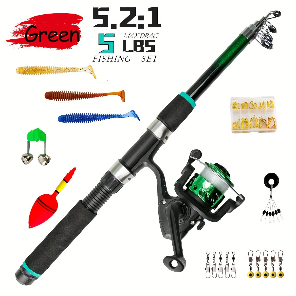 Travel-friendly telescopic fishing rod set with feeder, made of durable FRP, includes carp spinning pole, reel, baits, and hooks.