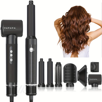 7 in 1 hot air brush with high speed hair dryer, diffuser, oval brush, air curling wand, concentrator attachment, and styler tools.