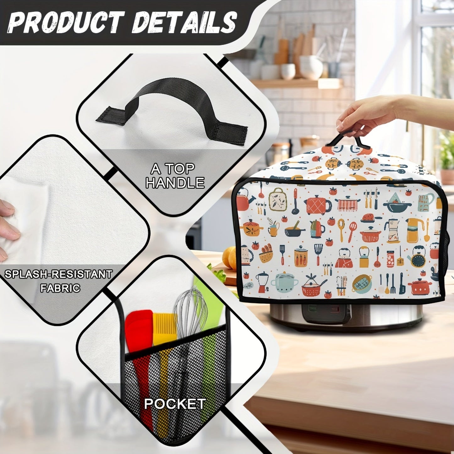 Protect your 6-8 Quart Crockpot with a Cartoon Kitchen Utensil Dust Cover. This lightweight cover is stain-resistant and features a convenient top handle and storage pockets to keep your kitchen tidy. Keep your slow cooker clean and protected with this