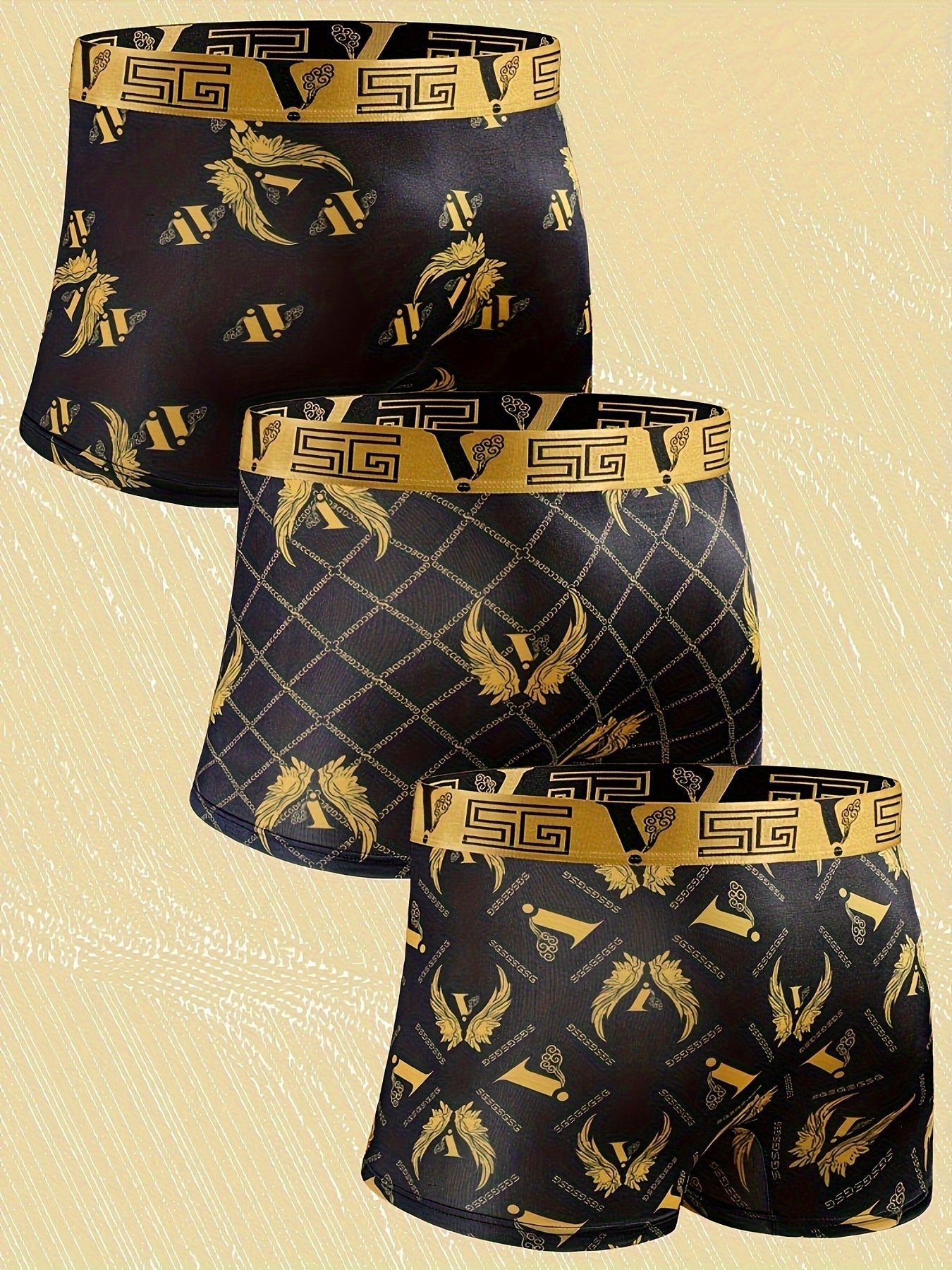 Black Golden Gift Box Package - 3-piece Men's Golden Wing & Chain Print Boxer Briefs Set, Comfortable & Luxurious Underwear, Perfect as Gift