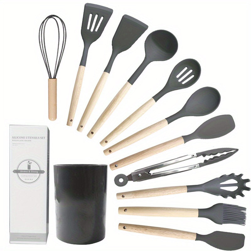 Silicone Kitchen Utensil Set with 12 Pieces - Non-Stick, Food Grade Cooking Tools Including Spatulas & Soup Spoon for Home and Restaurant Use