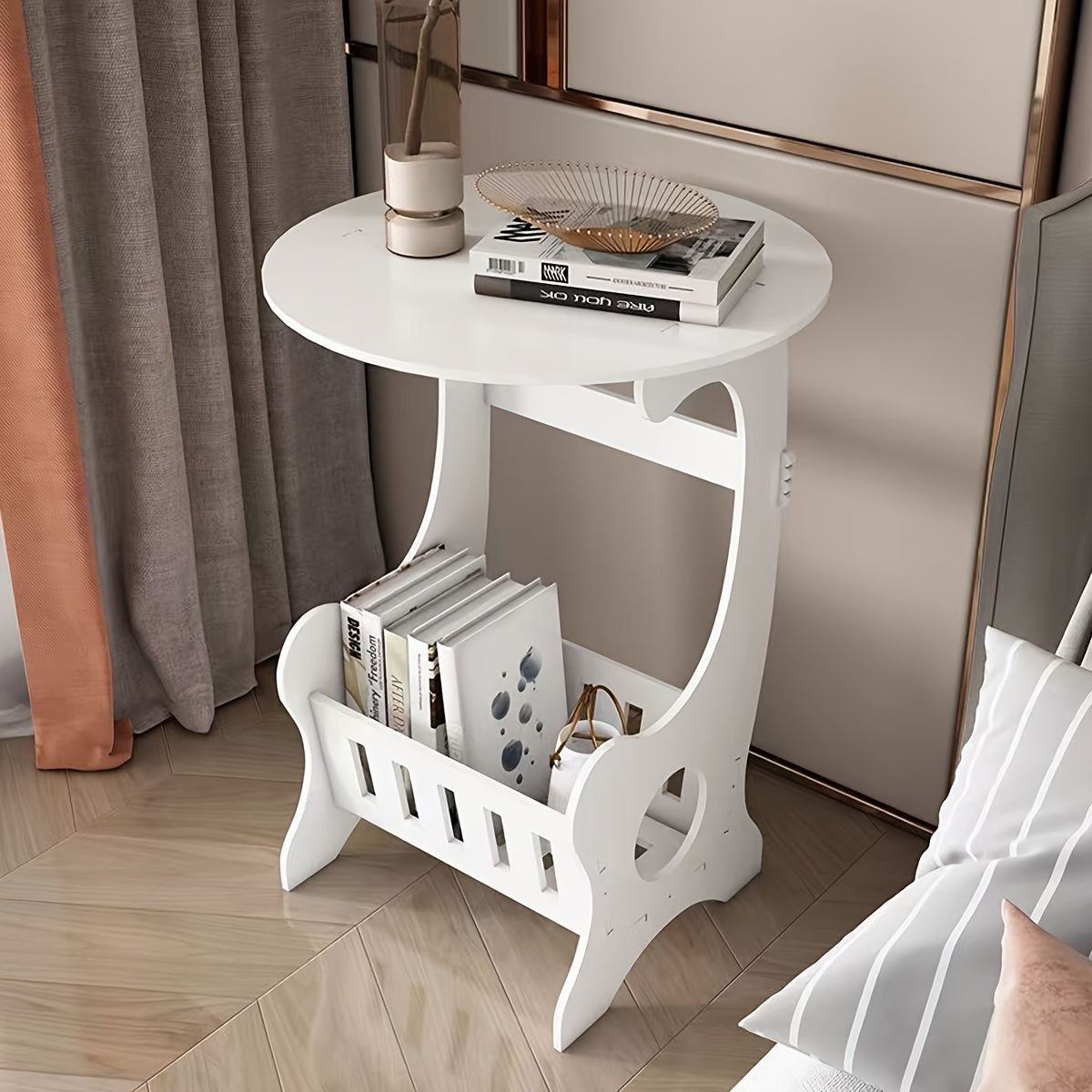 Portable Mini Bedside Cabinet - Compact Round Table in White, Ideal for Travel and Home Use. Perfect for Displaying Jewelry and Packaging, Multi-functional Stand for Crafts and Accessories.