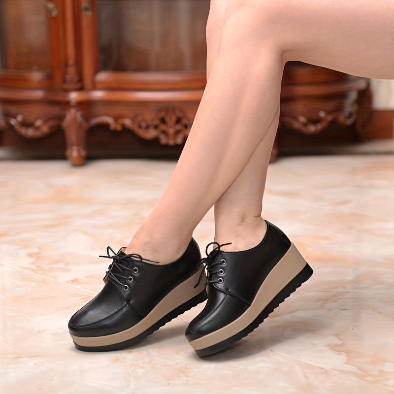 Women's lace-up platform wedge loafers with round toe, heightening design, and versatile style.