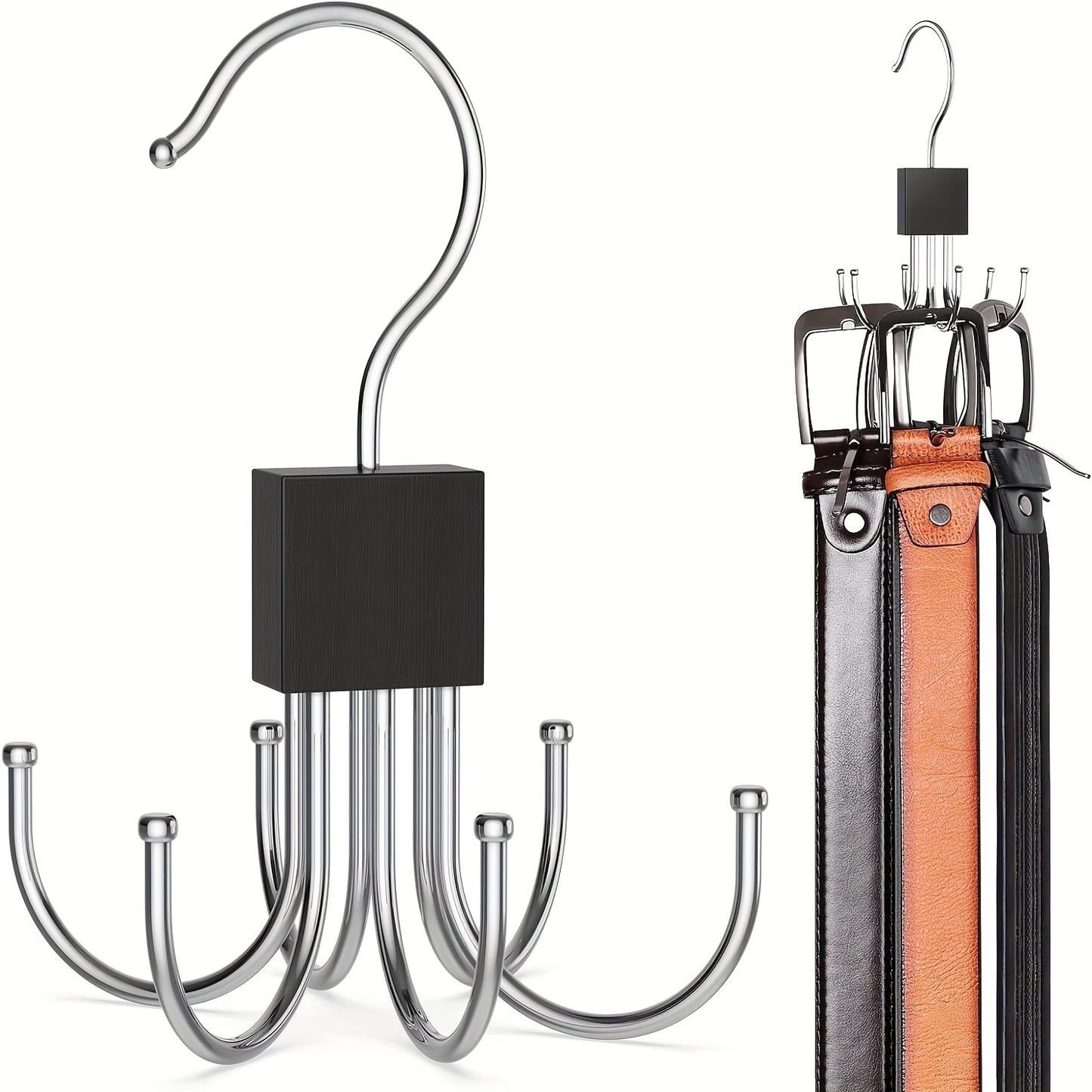 Large capacity multipurpose belt hanger for organizing belts, bras, vests, ties, and scarves in a closet. Made of rotatable wooden rack with stainless steel hanging hooks. Stylish accessory for any closet.