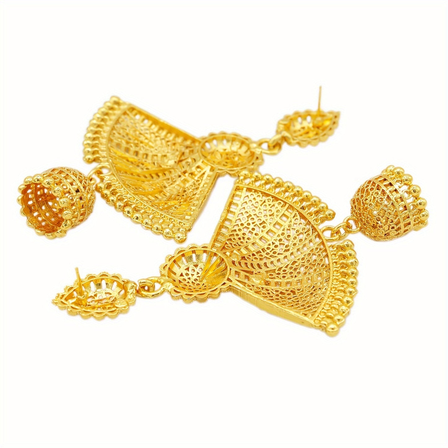 Golden alloy fan-shaped earrings designed for women, featuring a tribal, minimalist design without mosaic materials. Perfect for both casual daily wear and special occasions, these earrings are a versatile accessory that makes an ideal gift for birthdays