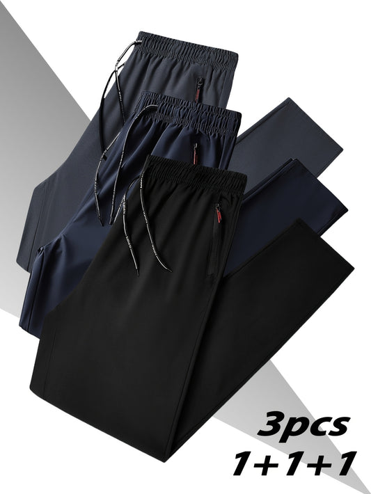 Three men's large size casual trousers for training, fitness, and sports. Plus size and simple design.