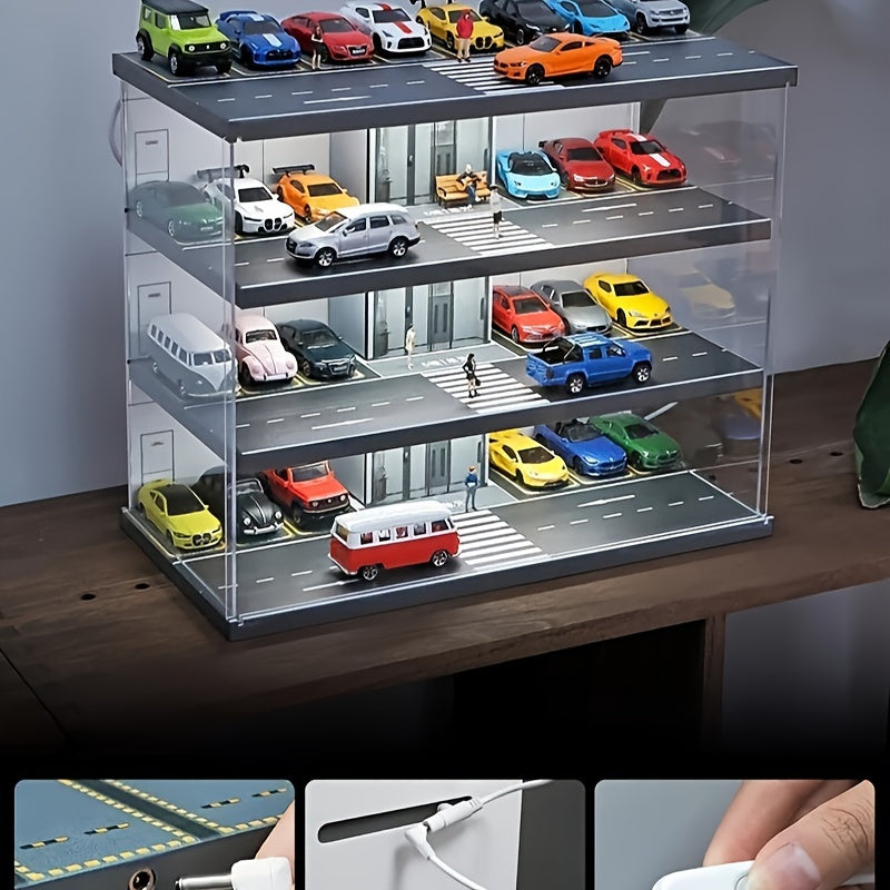 Black PVC 1:64 Scale Model Car Garage Display Case with manual operation and transparent dustproof cover. Features LED lighting, parking lot scene, and stereo model car storage. Perfect for