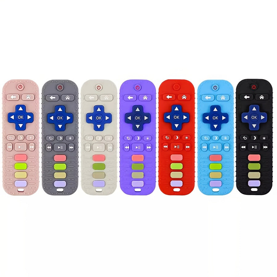 Soft silicone teether designed like a remote control, free of BPA. This baby chew toy is easy to clean and comes in a variety of multi-color options for ages 0-3 years. Comes as a single piece.