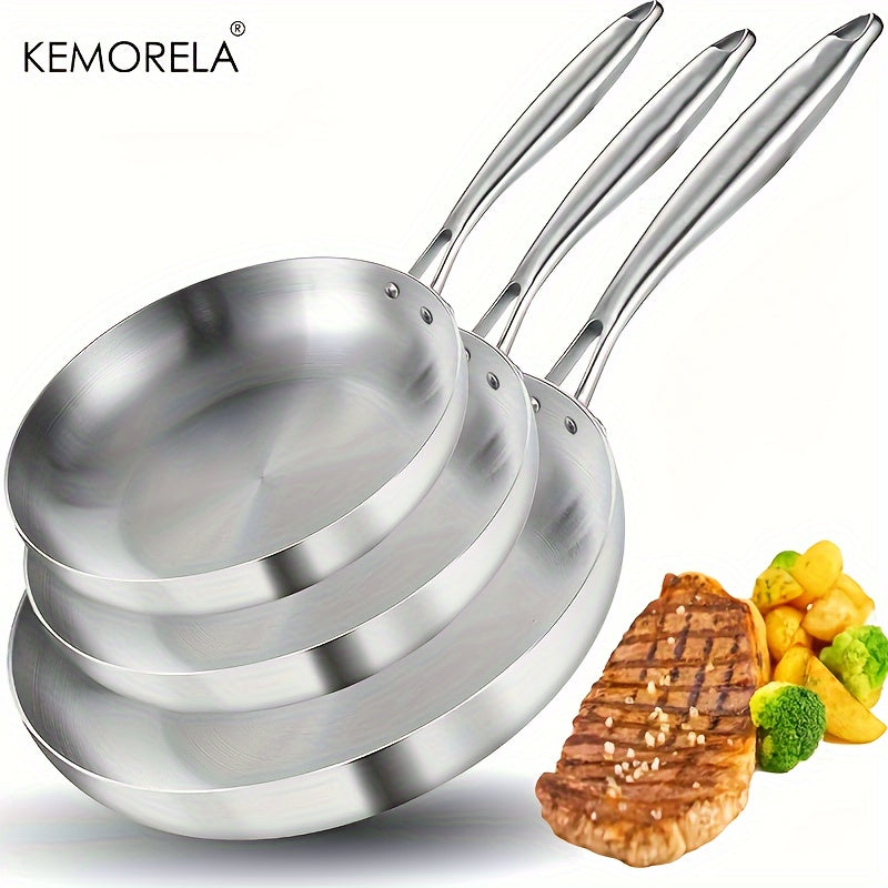 Set of 3 KEMORELA Stainless Steel Frying Pans - Suitable for Gas Stoves & Induction Cookers, Food Grade Omelette Pans with Multifunctional Features. Perfect Kitchen Utensils and Accessories, Gadgets for the Home Kitchen. Shipping By Sea.