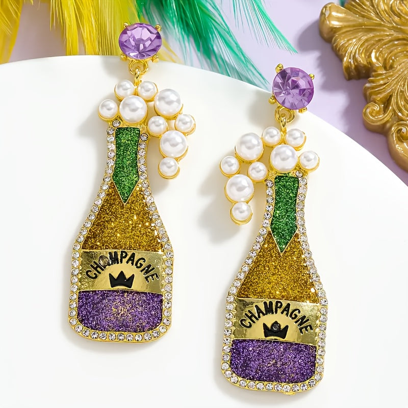 Stylish Carnival Champagne Bottle Pendant Earrings adorned with Glittering Rhinestones - Charming Alloy and Stainless Steel, Ideal for Festive Occasions and Everyday Wear, Earrings