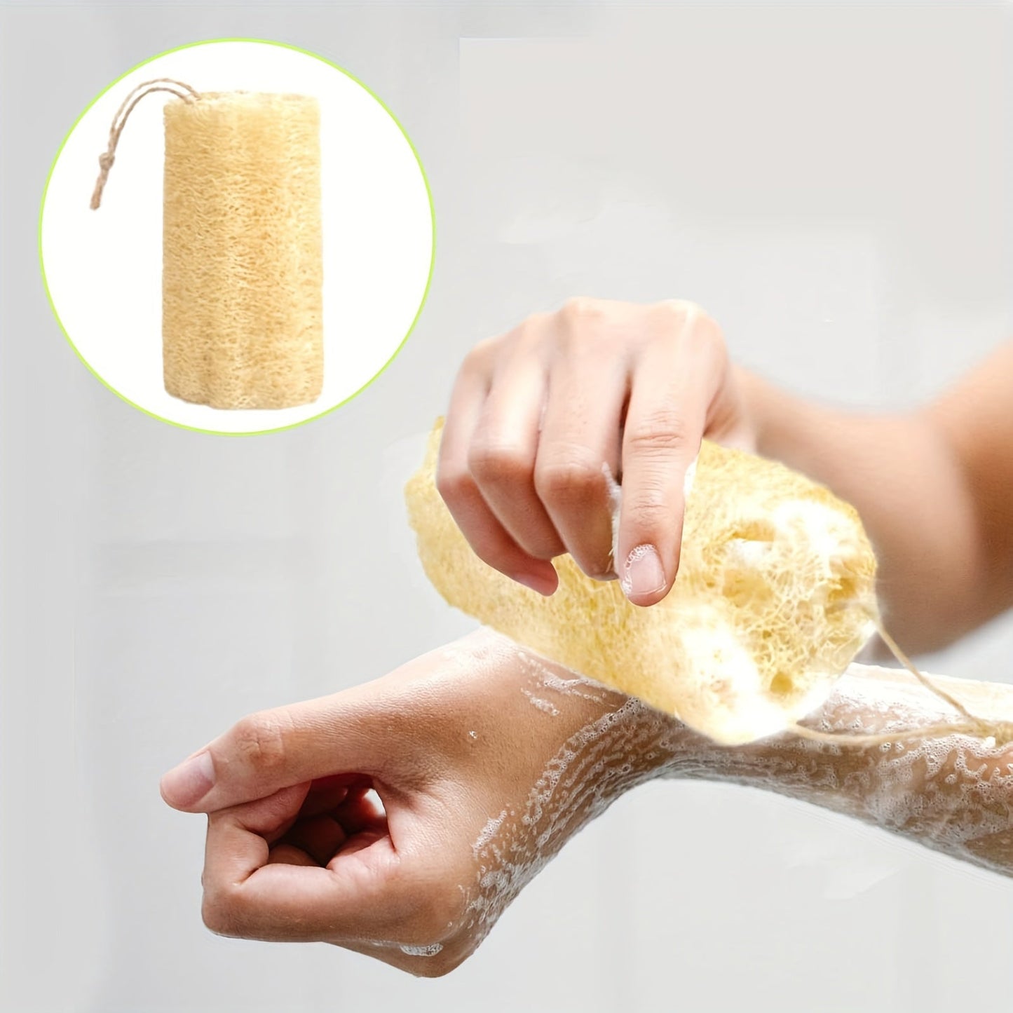 A set of four natural loofah sponges made from wood pulp fiber. These rectangular sponges are lightweight and made from non-woven fabric, making them reusable for various purposes such as bathing, spa treatments, skincare, kitchen cleaning, dishwashing