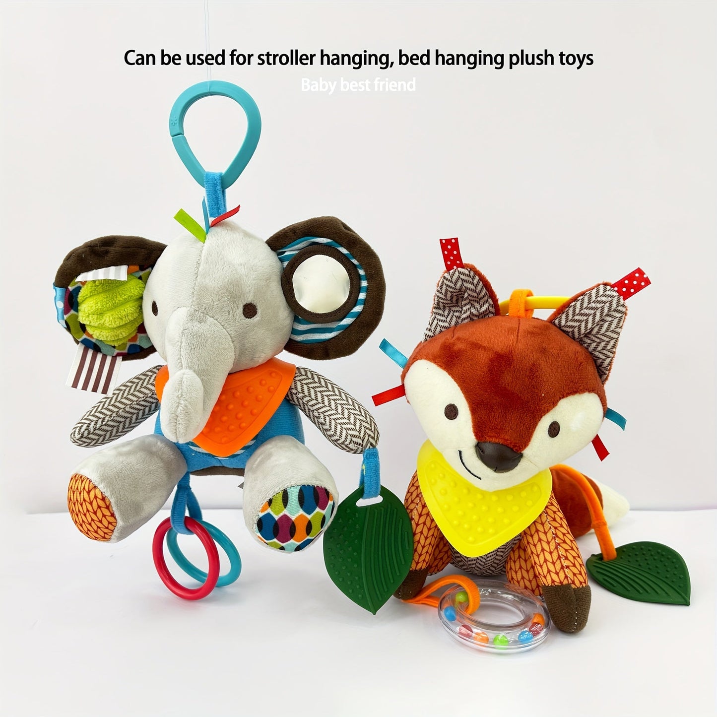 This plush toy featuring an elephant, fox, lion, dog, and raccoon can be used as a stroller hanging toy, doll, or a perfect gift for birthdays, Christmas, Thanksgiving, New Year, or Easter.