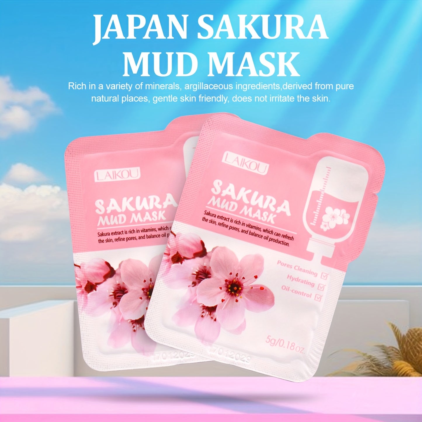 12 count of 5g Sakura Mud Mask with portable packaging for traveling, providing deep cleansing, moisturizing, and oil control.