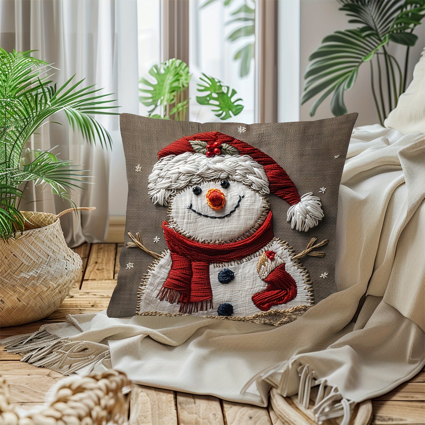 This Christmas snowman pillow cover is festive and contemporary, measuring 44.96cm x 44.96cm. It has a zip closure and should be hand washed. Suitable for decorating sofas, living rooms, and bedrooms, but does not come with a pillow insert.