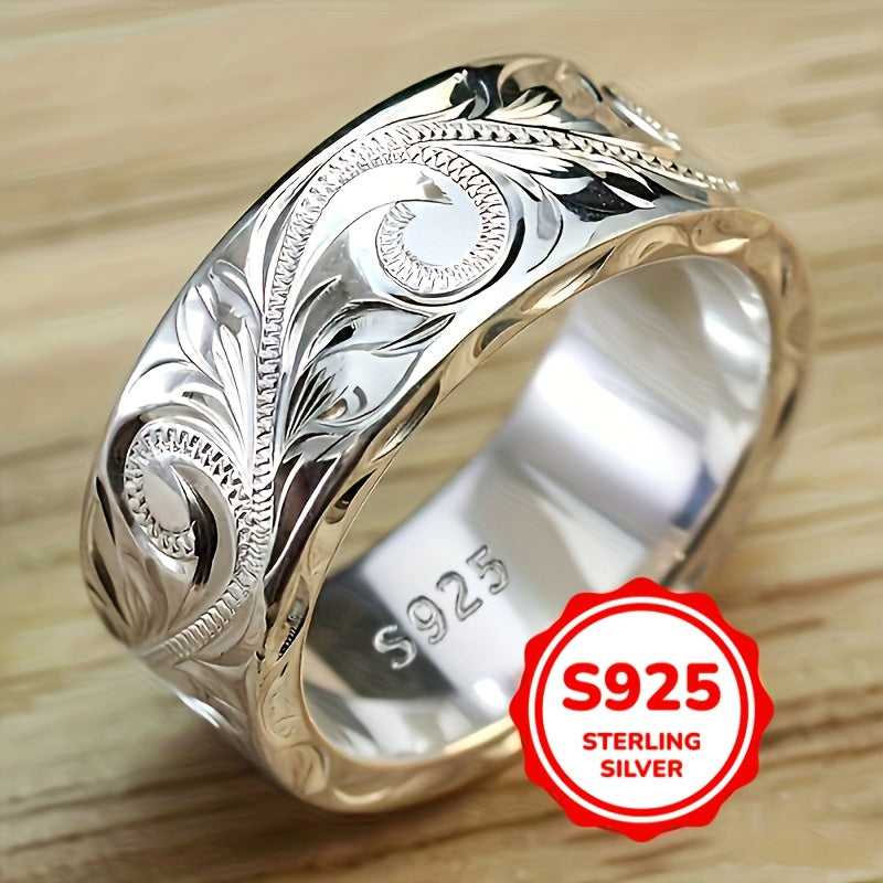 Bohemian Wide Ring, Vintage Jewelry in S925 Pure Silvery with Carved Leaves and Flowers