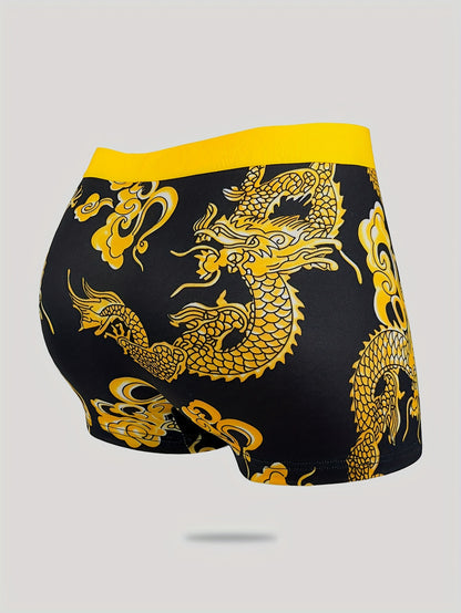 Men's dragon print boxer briefs, 4-pack, made of 95% polyester and 5% elastane, breathable and stretchy, with embroidered knit fabric.