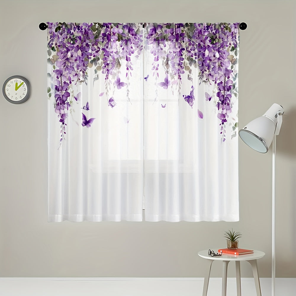 Set of 2 Beautiful Wisteria Floral Print Sheer Curtains - High Definition Digital Design, Luxurious Polyester Microfiber Material, Convenient Rod Pocket Style for Living Room & Bedroom, Simple to Hang and Machine Washable