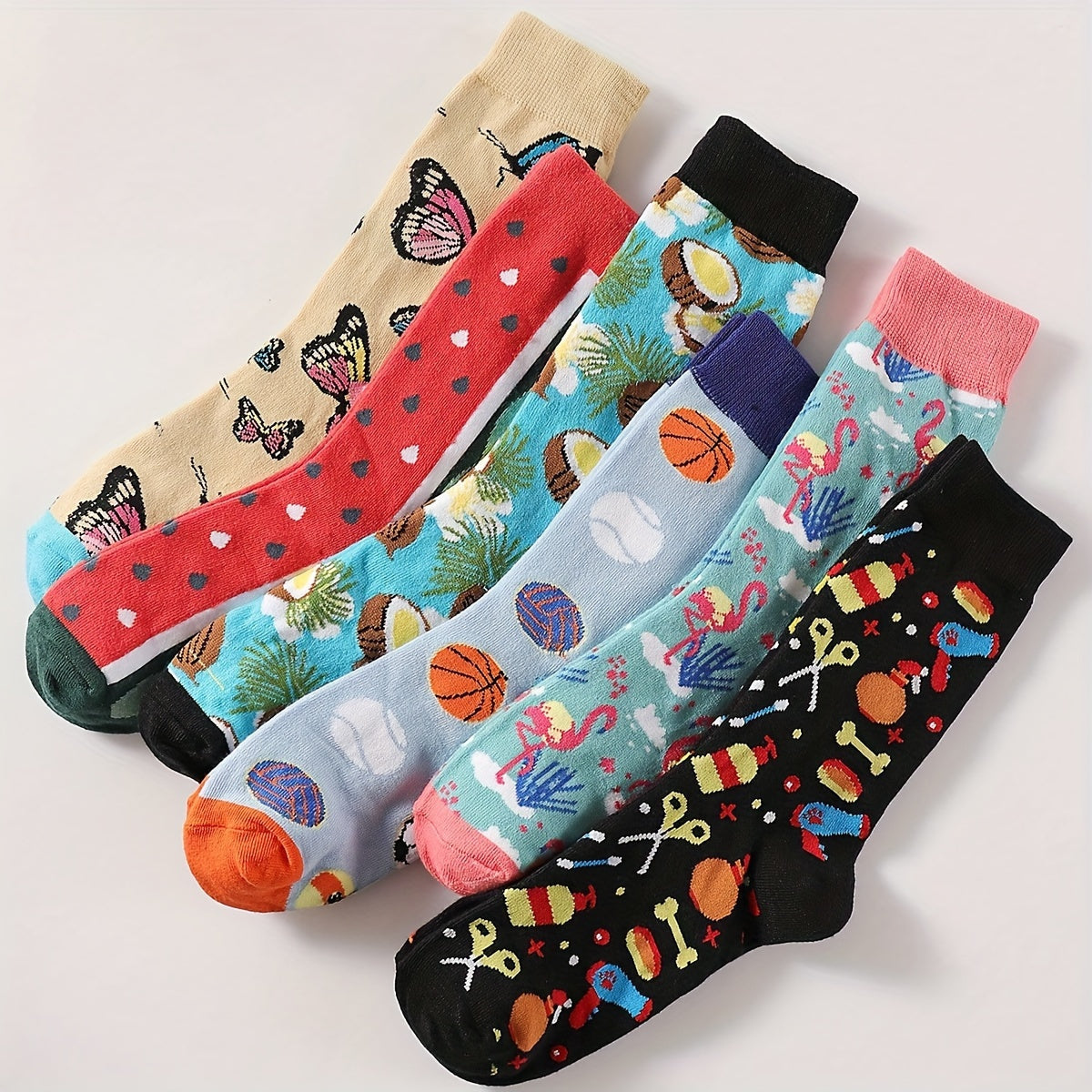 Men's Mid-Calf Socks with Basketball & Butterfly Designs, Soft & Comfortable, Perfect for Casual Attire.