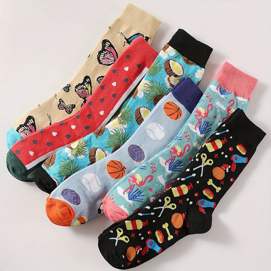 Men's Mid-Calf Socks with Basketball & Butterfly Designs, Soft & Comfortable, Perfect for Casual Attire.