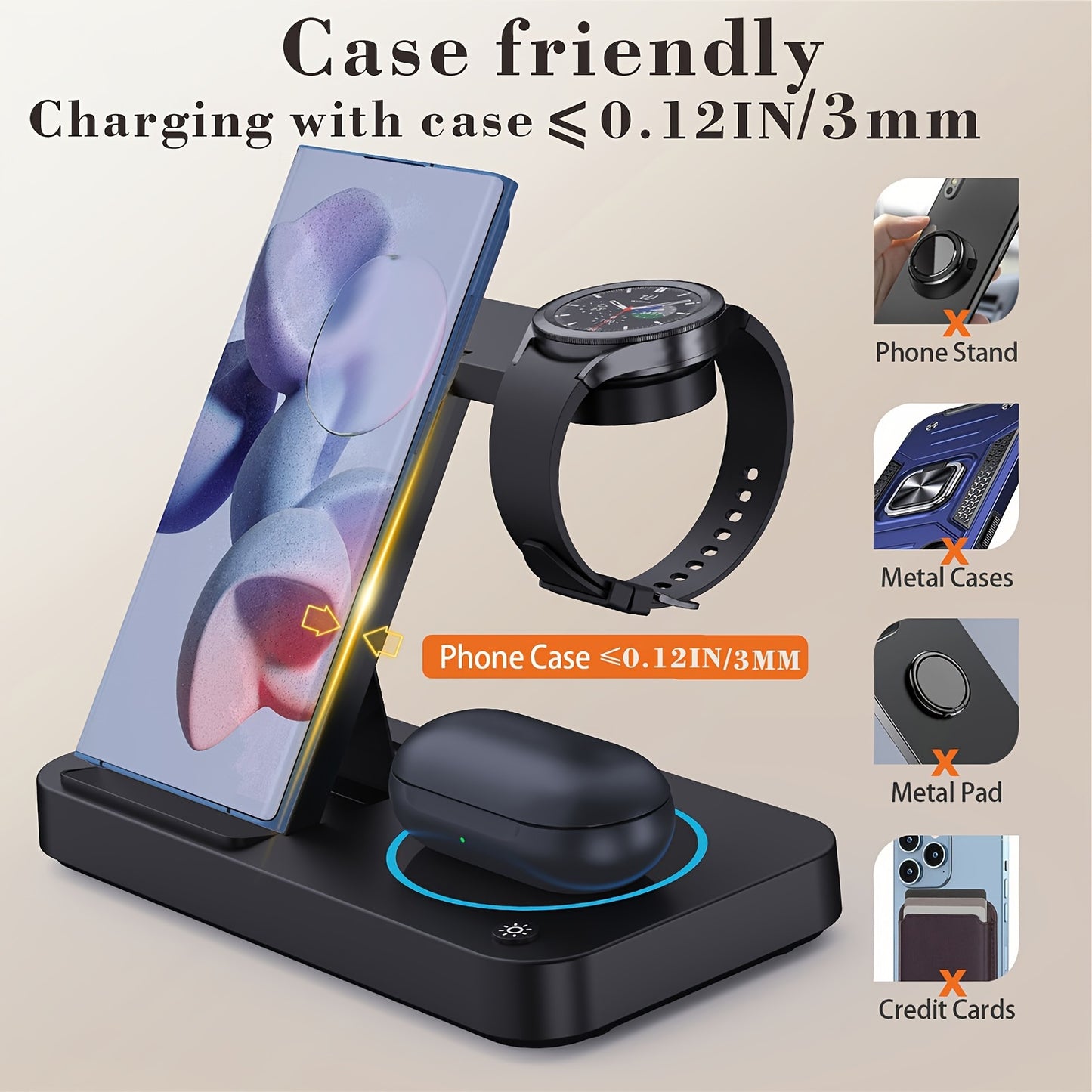 4-in-1 fast wireless charger compatible with Samsung devices and multiple android phones, includes LED night lights.