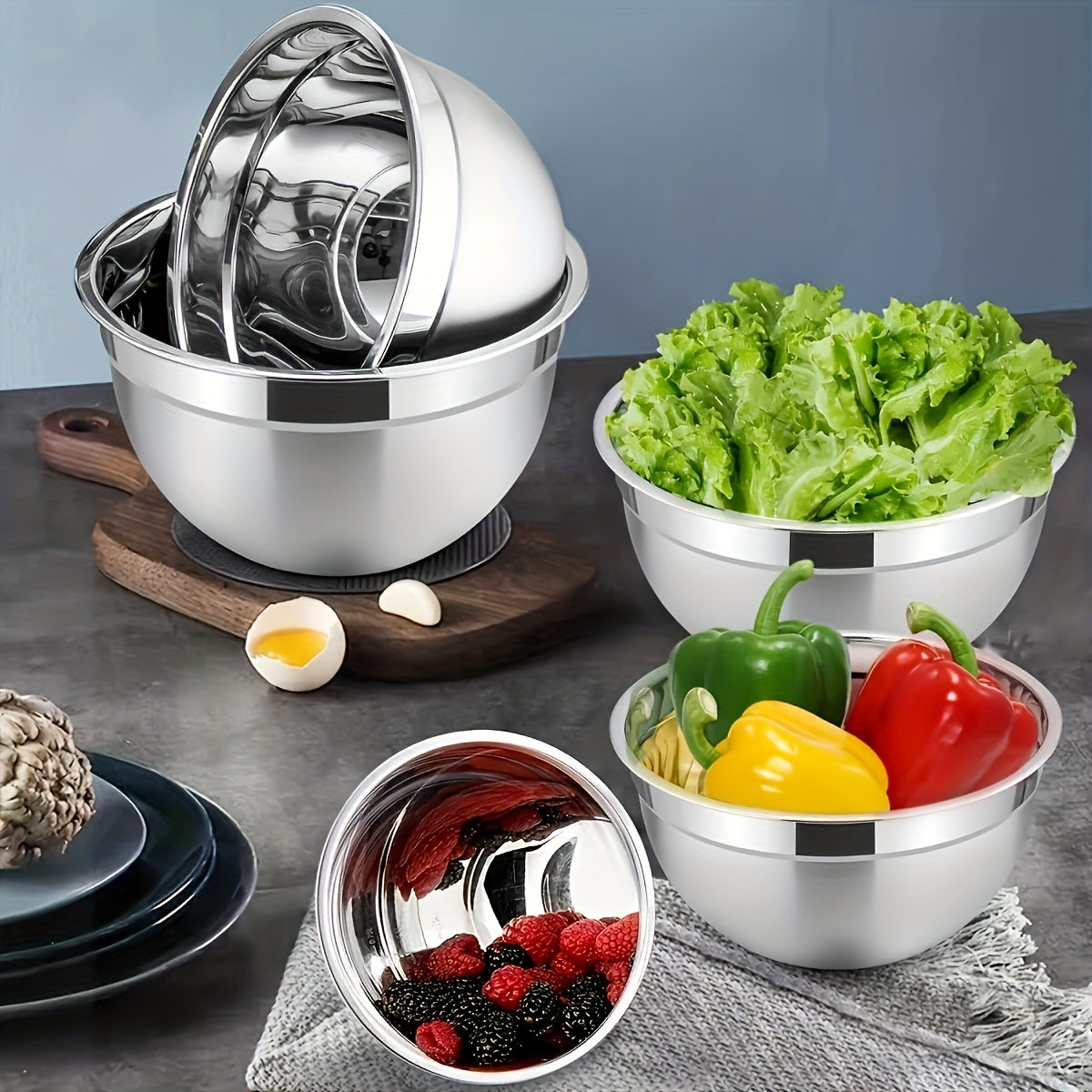 5pcs Stainless Steel Nesting Bowls Set - Versatile kitchen mixing bowls with airtight lids, perfect for baking, serving, fruits, vegetables, and holiday kitchen prep. Oven safe and ideal for Christmas, Halloween, Easter, Hanukkah, and Thanksgiving.