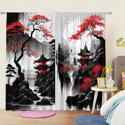 Set of 2 Japanese Mountain Ink Painting Print Curtains with Rod Pocket Mount, Made from Polyester Material, Perfect for Living Room, Kitchen, Bedroom, Study, and Home Decor, Featuring Digital Printing Technology