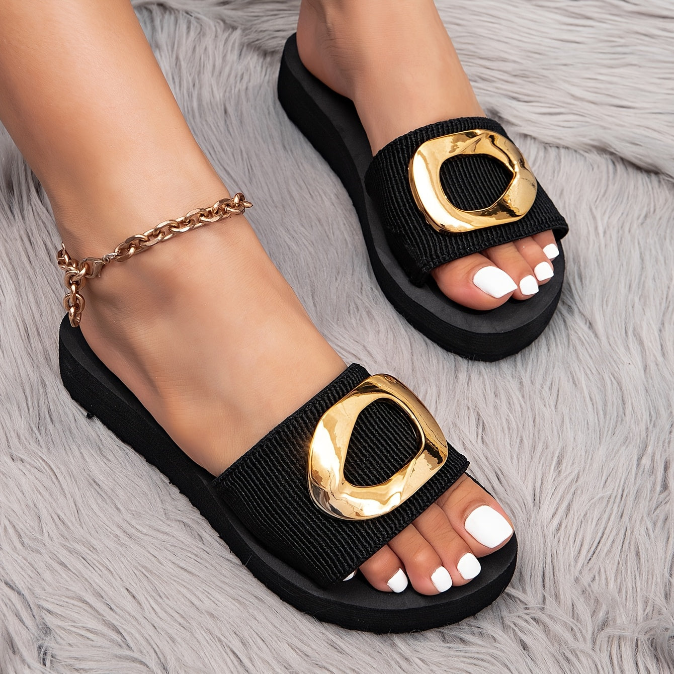 Women's fashion slide sandals with geometric gold accent, slip-on black slides with soft EVA sole, low heel flats for indoor/outdoor comfort.