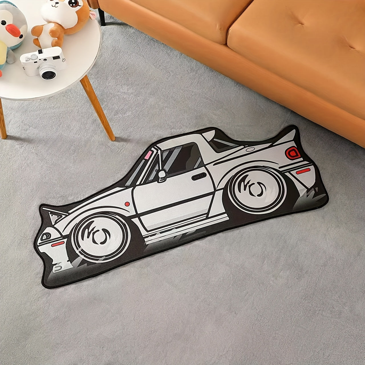 Soft polyester mat with a sports car design. This machine washable, non-slip area mat is versatile for use in the living room, bedroom, or as an office chair mat. The stylish floating window design adds a luxurious touch, making it perfect for use in a