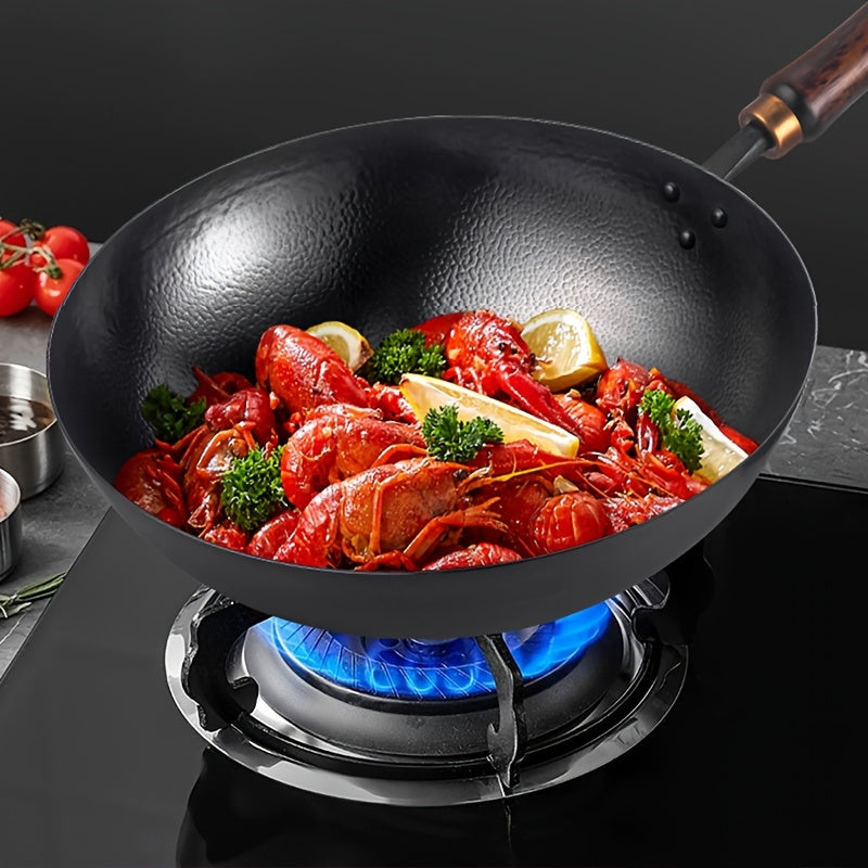 Durable 32.0cm Thick Cast Iron Skillet - Non-Stick, No Coating, Round Bottom Wok for Gas Stove Top & Induction Cooker - Ideal for Stir Fry & Cooking