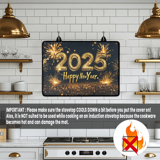 Protect your stove top with the 2025 Happy New Year Heat Resistant Non-Slip Stove Top Cover. This Polyester Glass Ceramic Protective Mat features a rubber anti-scratch pad and can also be used as a coffee mat or extra countertop space. Perfect for use