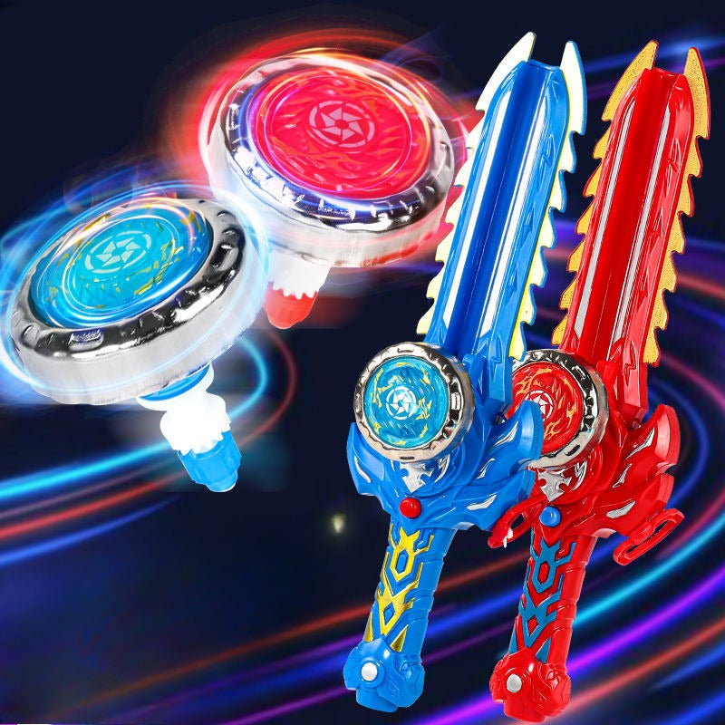 Two people duel with gyro swords while children play with objects and toys.