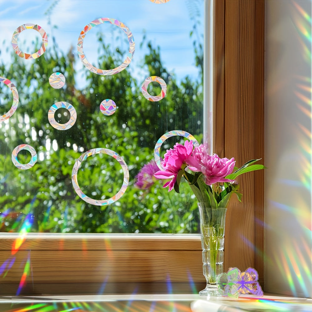 Contemporary PVC Static Cling Glass Decals with Rainbow Sun Catcher Window Films, Bird Collision Prevention, 16mil Thickness - 22.8cm Diameter Circle Pack