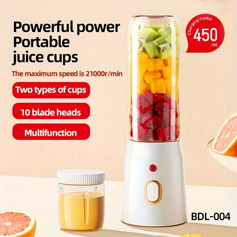 Portable Blender & Juicer Combo with Dual Cups - This 1pc mini mixer is USB rechargeable and has a capacity of 15.22oz. It features easy push control, detachable components, and is made of food-grade PP material. Equipped with 10 stainless steel blades