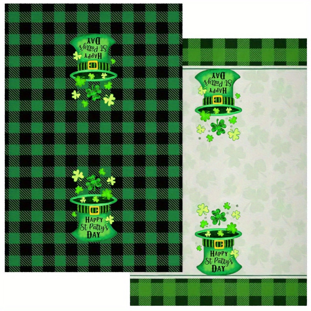 Two pieces of ultra-soft St. Patrick's Day tea towels measuring 45.72x66.04cm. These quick-dry, highly absorbent polyester dish towels feature a charming leprechaun hat and shamrock design, making them ideal for both home use and gifting. Add a festive