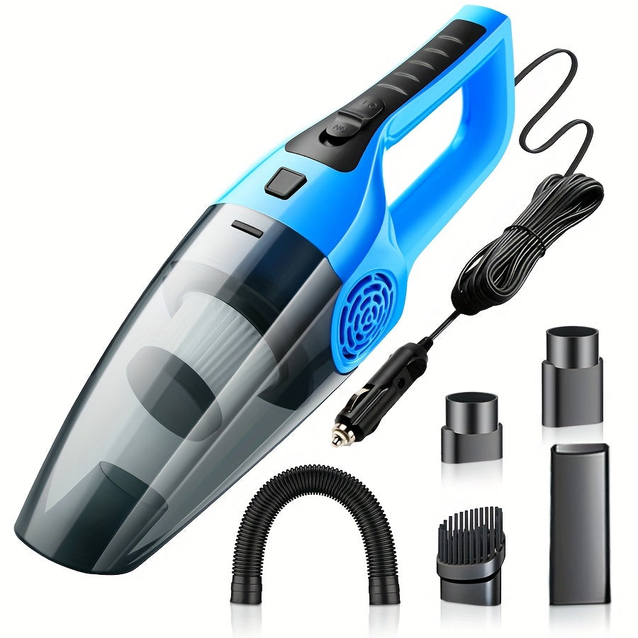 Powerful 12V car vacuum with strong suction for interior detailing, perfect for pet hair removal. Includes crevice tool kit, plugs into cigarette lighter with 3-5m cord. Great for cleaning