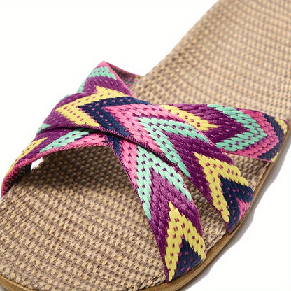 Women's Striped Linen Slippers - Comfortable Summer Fashion with EVA Sole