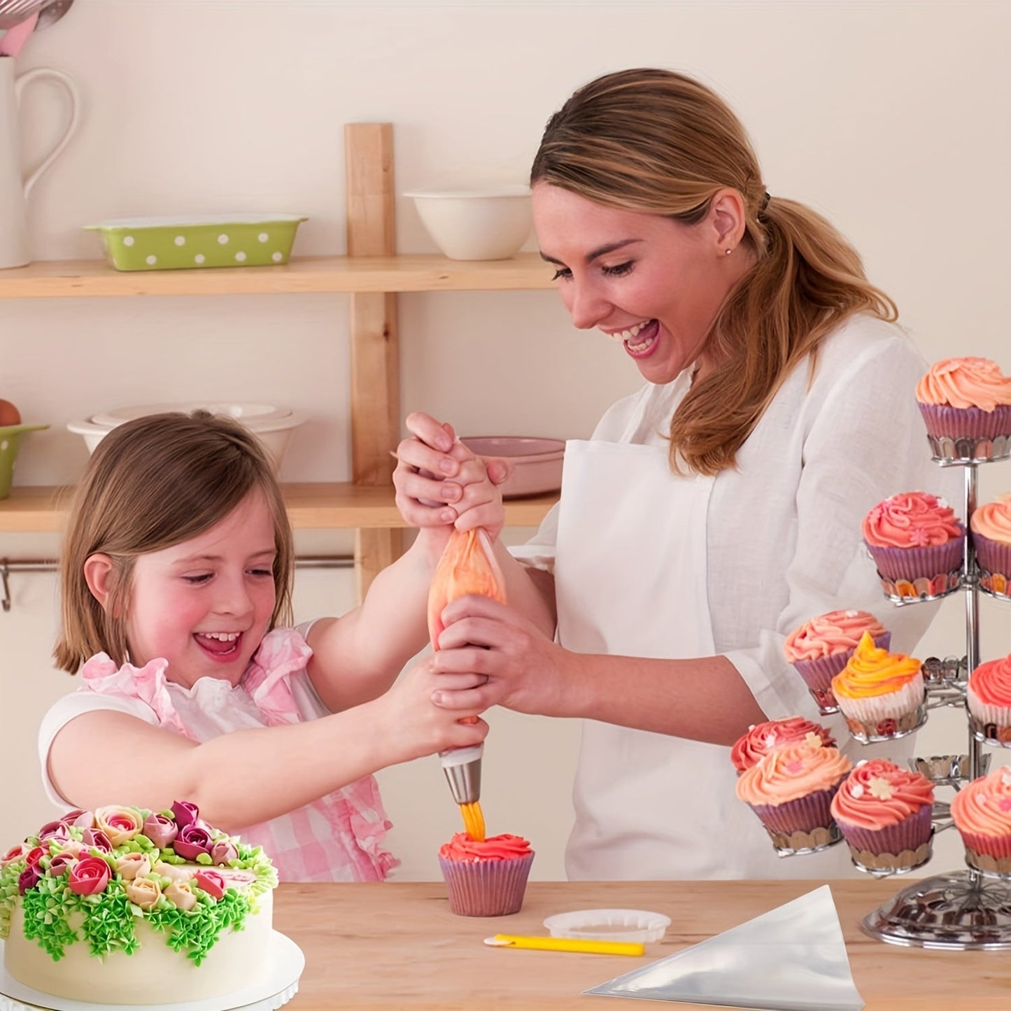 Cake decorating set includes 47 pieces, such as 12 flower pastry tips nozzles, 2 leaf shape piping tips, 2 couplers, and 30 piping bags. These tools are perfect for cake decorating, baking supplies, and creating cookies and cupcakes.