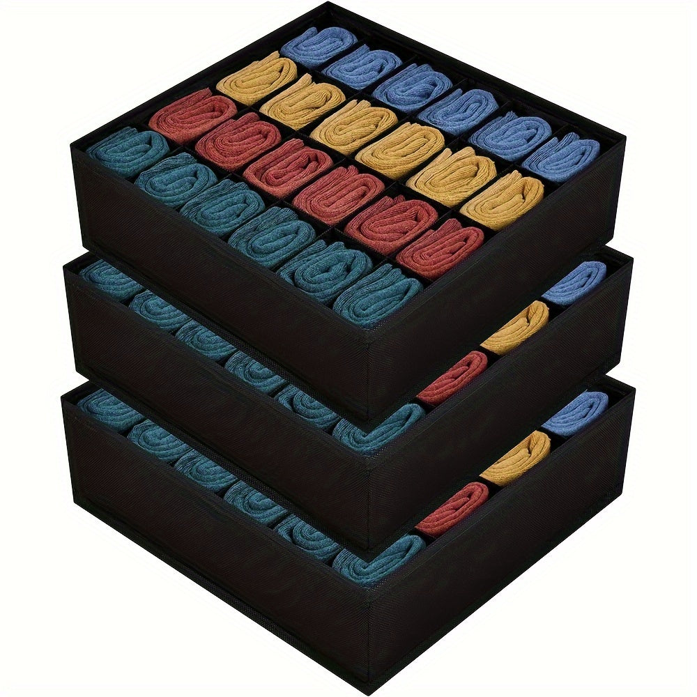 Foldable fabric storage organizer box with dividers for socks, underwear, and ties. Perfect for organizing your drawers and closet. Provides easy access and extraction.